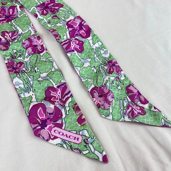 Coach Signature Skinny Scarf Purse Piny Tail Tie Purple Pink Green Floral - Picture 4 of 8